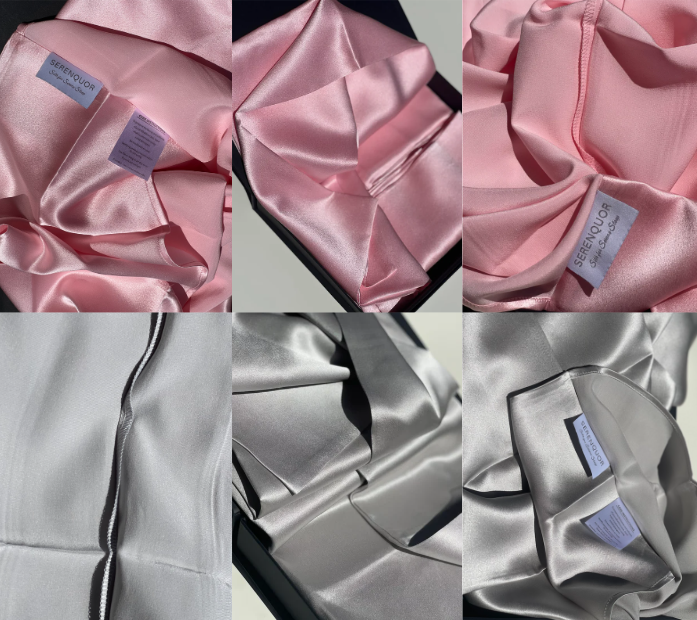 Collage of premium 100% Mulberry silk pillowcases in pink and silver showcasing the smooth 22 momme fabric envelope closure premium stitching and Serenquor labels