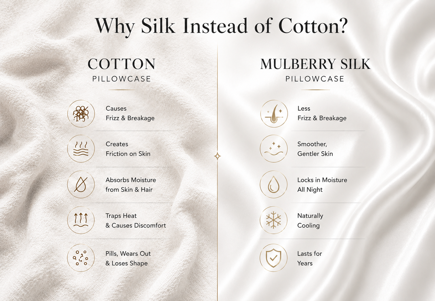 Comparison of 100% Mulberry silk pillowcase and cotton pillowcase showing benefits for healthier hair smoother skin moisture retention cooling comfort and reduced frizz
